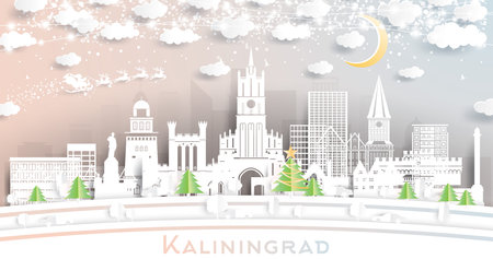 Kaliningrad Russia City Skyline in Paper Cut Style with Snowflakes, Moon and Neon Garland. Vector Illustration. Christmas and New Year Concept. Santa Claus on Sleigh. Kaliningrad Cityscape Landmarks.のイラスト素材