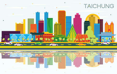 Taichung Taiwan City Skyline with Color Buildings, Blue Sky and Reflections. Vector Illustration. Travel and Tourism Concept with Historic Architecture. Taichung China Cityscape with Landmarks.のイラスト素材