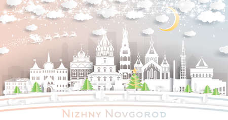 Nizhny Novgorod Russia City Skyline in Paper Cut Style with Snowflakes, Moon and Neon Garland. Vector Illustration. Christmas and New Year Concept. Santa Claus on Sleigh. Cityscape with Landmarks.のイラスト素材
