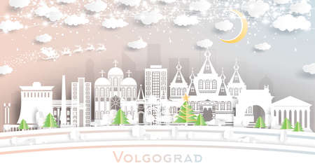 Volgograd Russia City Skyline in Paper Cut Style with Snowflakes, Moon and Neon Garland. Vector Illustration. Christmas and New Year Concept. Santa Claus on Sleigh. Volgograd Cityscape Landmarks.のイラスト素材