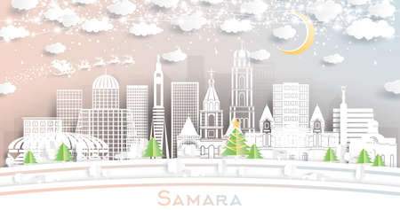 Samara Russia City Skyline in Paper Cut Style with Snowflakes, Moon and Neon Garland. Vector Illustration. Christmas and New Year Concept. Santa Claus on Sleigh. Samara Cityscape Landmarks.のイラスト素材