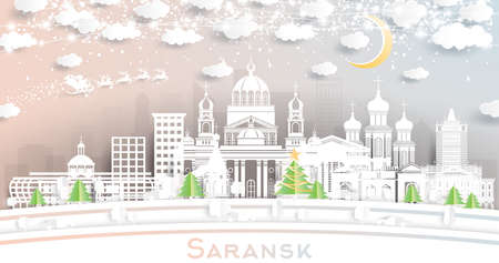 Saransk Russia City Skyline in Paper Cut Style with Snowflakes, Moon and Neon Garland. Vector Illustration. Christmas and New Year Concept. Santa Claus on Sleigh. Saransk Cityscape Landmarks.のイラスト素材
