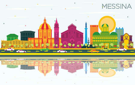 Messina Sicily Italy City Skyline with Color Buildings, Blue Sky and Reflections. Vector Illustration. Business Travel and Concept with Modern Architecture. Messina Cityscape with Landmarks.のイラスト素材