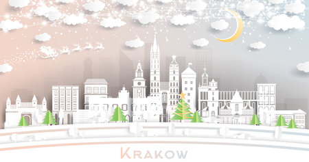 Krakow Poland City Skyline in Paper Cut Style with Snowflakes, Moon and Neon Garland. Vector Illustration. Christmas and New Year Concept. Santa Claus on Sleigh. Krakow Cityscape with Landmarks.のイラスト素材