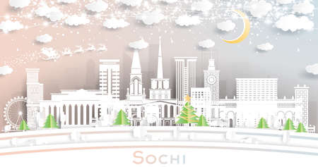 Sochi Russia City Skyline in Paper Cut Style with Snowflakes, Moon and Neon Garland. Vector Illustration. Christmas and New Year Concept. Santa Claus on Sleigh. Sochi Cityscape with Landmarks.のイラスト素材