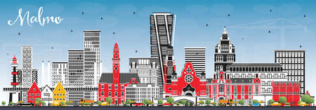 Malmo Sweden City Skyline with Color Buildings and Blue Sky. Vector Illustration. Malmo Cityscape with Landmarks. Business Travel and Tourism Concept with Historic Architecture.のイラスト素材