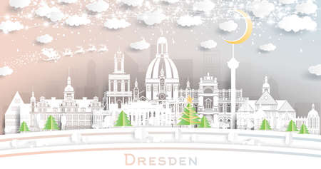 Dresden Germany City Skyline in Paper Cut Style with Snowflakes, Moon and Neon Garland. Vector Illustration. Christmas and New Year Concept. Santa Claus on Sleigh. Dresden Cityscape with Landmarks.のイラスト素材