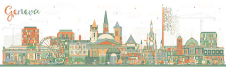 Geneva Switzerland City Skyline with Color Buildings. Vector Illustration. Geneva Cityscape with Landmarks. Business Travel and Tourism Concept with Historic Architecture.のイラスト素材