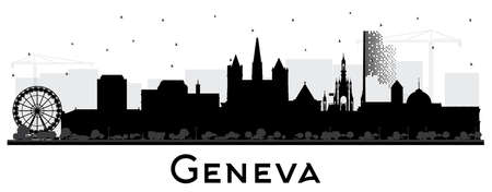 Geneva Switzerland City Skyline Silhouette with Black Buildings Isolated on White. Vector Illustration. Geneva Cityscape with Landmarks. Travel and Tourism Concept with Historic Architecture.のイラスト素材