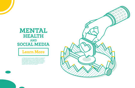 Isometric Outline Trap with Social Media Heart. Like Symbol. Vector Illustration. Mental Health Concept and Social Media. Isolated on White Background. Hand Tries to Take Favorite Sign.のイラスト素材