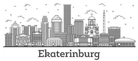 Outline Yekaterinburg Russia City Skyline with Modern Buildings Isolated on White. Vector Illustration. Yekaterinburg Cityscape with Landmarks.のイラスト素材