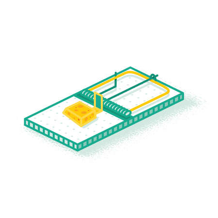 Isometric Mouse Trap with Small Piece of Cheese. Vector Illustration. Outline Icon Isolated on White. Empty Snare.のイラスト素材