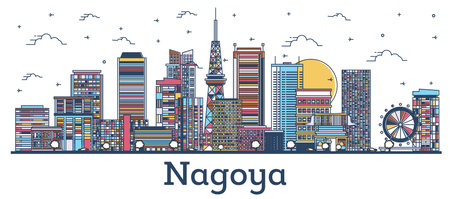 Outline Nagoya Japan City Skyline with Color Buildings Isolated on White. Vector Illustration. Nagoya Cityscape with Landmarks.のイラスト素材