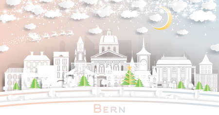 Bern Switzerland City Skyline in Paper Cut Style with Snowflakes, Moon and Neon Garland. Vector Illustration. Christmas and New Year Concept. Santa Claus on Sleigh. Bern Cityscape with Landmarks.のイラスト素材