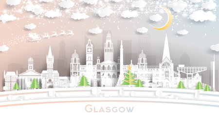 Glasgow Scotland City Skyline in Paper Cut Style with Snowflakes, Moon and Neon Garland. Vector Illustration. Christmas and New Year Concept. Santa Claus on Sleigh. Glasgow Cityscape with Landmarks.のイラスト素材