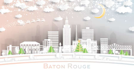 Baton Rouge Louisiana City Skyline in Paper Cut Style with Snowflakes, Moon and Neon Garland. Vector Illustration. Christmas and New Year Concept. Santa Claus on Sleigh. Baton Rouge USA Cityscape.のイラスト素材
