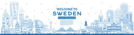 Welcome to Sweden. Outline City Skyline with Blue Buildings. Vector Illustration. Concept with Historic Architecture. Sweden Cityscape with Landmarks. Stockholm. Uppsala. Malmo. Gothenburg.のイラスト素材