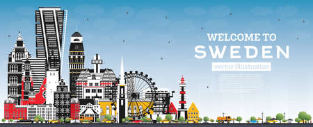 Welcome to Sweden. City Skyline with Gray Buildings and Blue Sky. Vector Illustration. Concept with Historic Architecture. Sweden Cityscape with Landmarks. Stockholm. Uppsala. Malmo. Gothenburg.のイラスト素材