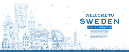 Welcome to Sweden. Outline City Skyline with Blue Buildings. Vector Illustration. Concept with Historic Architecture. Sweden Cityscape with Landmarks. Stockholm. Uppsala. Malmo. Gothenburg.のイラスト素材