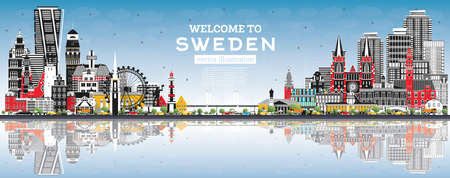 Welcome to Sweden. City Skyline with Gray Buildings, Blue Sky and Reflections. Vector Illustration. Historic Architecture. Sweden Cityscape with Landmarks. Stockholm. Uppsala. Malmo. Gothenburg.のイラスト素材