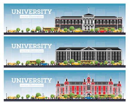 University Campus Set. Study Banners. Vector Illustration. Students Go to the Main Building of University. Skyline with Blue Sky and Green Tree. Banner with Copy Space.のイラスト素材
