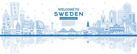 Welcome to Sweden. Outline City Skyline with Blue Buildings and Reflections. Vector Illustration. Historic Architecture. Sweden Cityscape with Landmarks. Stockholm. Uppsala. Malmo. Gothenburg.のイラスト素材