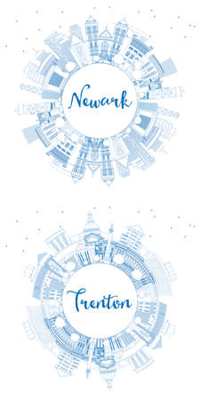 Outline Trenton and Newark New Jersey City Skyline Set with Blue Buildings and Copy Space. Cityscape with Landmarks. Travel and Tourism Concept with Modern Architecture.の写真素材