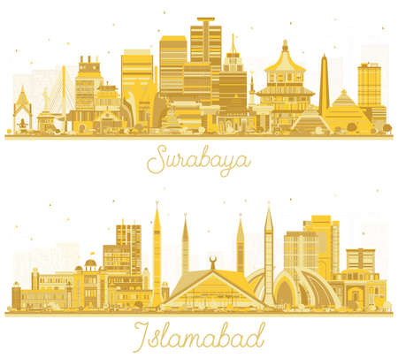Islamabad Pakistan and Surabaya Indonesia City Skyline Set with Golden Buildings Isolted on White. Business Travel and Tourism Concept with Modern Architecture.の写真素材