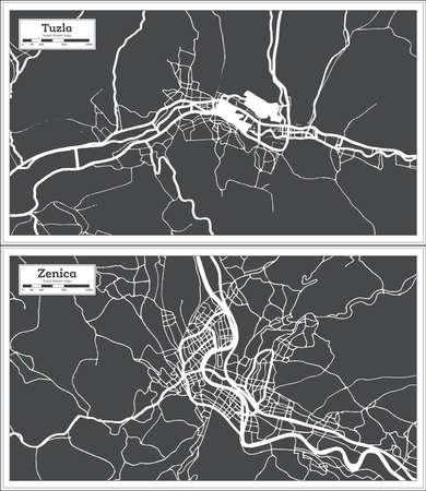 Zenica and Tuzla Bosnia and Herzegovina City Map Set in Black and White Color in Retro Style. Outline Map.の写真素材