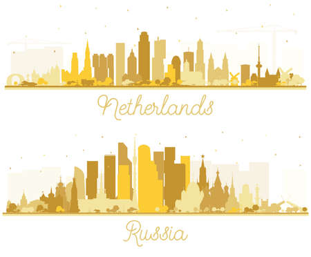 Russia and Netherlands Skyline Silhouette Set with Golden Buildings Isolated on White. Tourism Concept with Historic Architecture. Cityscape with Landmarks. Amsterdam. Rotterdam. The Hague.の写真素材