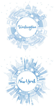 Outline New York and Washington DC USA City Skyline Set with Blue Buildings and Copy Space. Business Travel and Tourism Concept with Historic Buildings. Cityscape with Landmarks.の写真素材