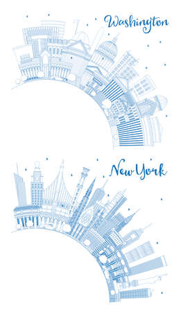 Outline New York and Washington DC USA City Skyline Set with Blue Buildings and Copy Space. Business Travel and Tourism Concept with Historic Buildings. Cityscape with Landmarks.の写真素材