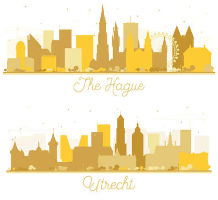 Utrecht and The Hague Netherlands City Skyline Silhouette Set with Golden Buildings Isolated on White.の写真素材