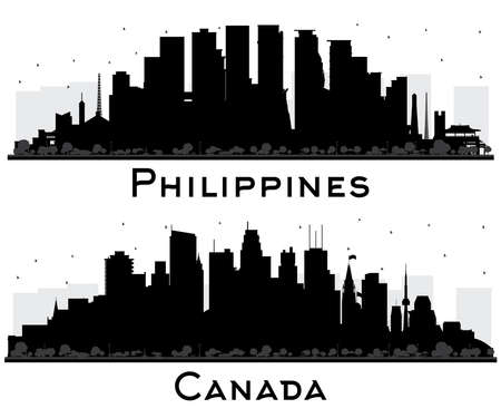 Philippines and Canada City Skyline Silhouette Set with Black Buildings Isolated on White. Travel Concept with Historic Architecture. Cityscape with Landmarks. Manila, Quezon, Davao, Cebu.の写真素材