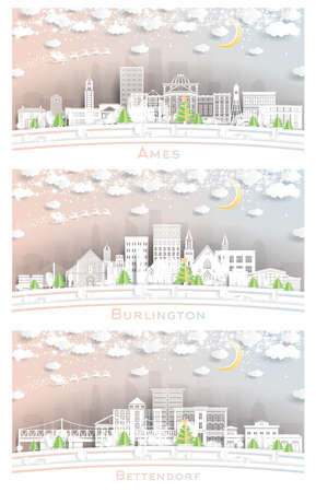 Burlington, Bettendorf and Ames Iowa City Skyline Set in Paper Cut Style with Snowflakes, Moon and Neon Garland.の写真素材