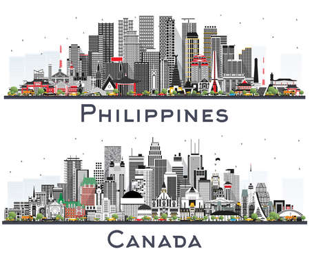 Canada and Philippines City Skyline Set with Gray Buildings Isolated on White. Cityscape with Landmarks. Manila, Quezon, Davao, Cebu. Ottawa. Toronto. Montreal. Vancouver.の写真素材