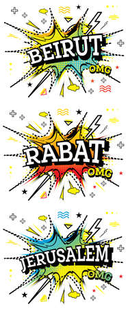 Rabat, Jerusalem and Beirut Comic Text Set in Pop Art Style Isolated on White Background.の写真素材