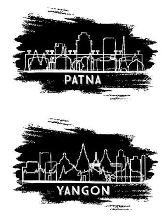 Yangon Myanmar and Patna India City Skyline Silhouette Set. Hand Drawn Sketch. Business Travel and Tourism Concept with Historic Architecture. Cityscape with Landmarks.の写真素材
