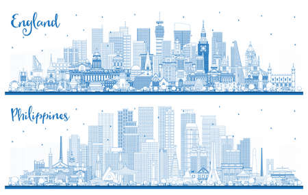 Outline England and Philippines City Skyline Set with Blue Buildings. Concept with Historic Architecture. Cityscape with Landmarks. Bristol. Leeds. Sheffield. London.の写真素材