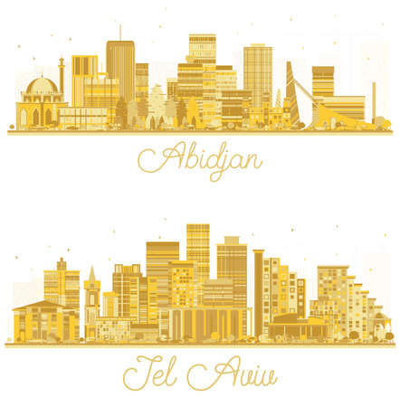 Tel Aviv Israel and Abidjan Ivory Coast City Skyline Set with Golden Buildings Isolated on White. Cityscape with Landmarks.の写真素材