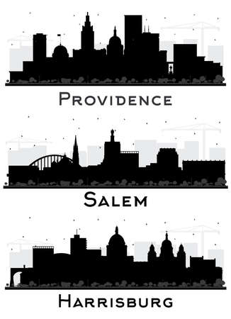 Salem Oregon, Harrisburg Pennsylvania and Providence Rhode Island City Skyline Silhouette Set with Black Buildings Isolated on White. Cityscape with Landmarks.の写真素材