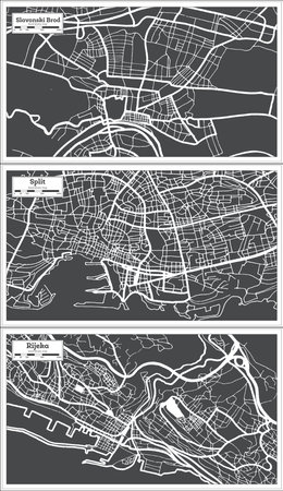 Split, Rijeka and Slavonski Brod Croatia City Map Set in Black and White Color in Retro Style. Outline Map.の写真素材