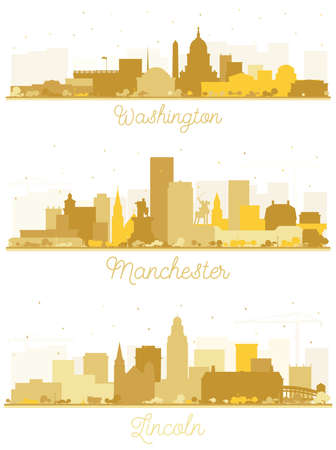 Manchester New Hampshire, Lincoln Nebraska and Washington DC USA City Skyline Silhouette Set with Golden Buildings Isolated on White.の写真素材