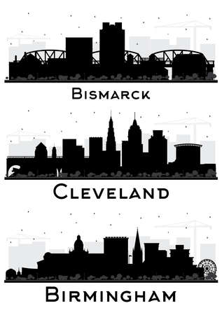 Birmingham UK, Bismarck North Dakota and Cleveland Ohio City Skyline Silhouette Set with Black Buildings Isolated on White. Cityscape with Landmarks.の写真素材