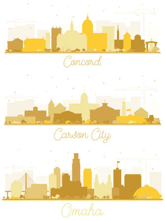 Omaha Nebraska, Carson City Nevada and Concord New Hampshire City Skyline Silhouette Set with Golden Buildings Isolated on White.の写真素材