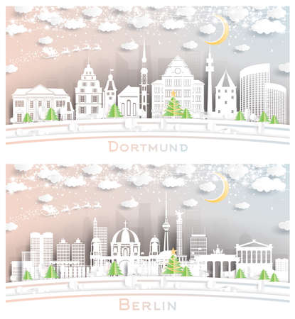 Berlin and Dortmund Germany City Skyline Set in Paper Cut Style with Snowflakes, Moon and Neon Garland. Cityscape with Landmarks.の写真素材