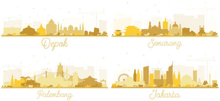 Palembang, Semarang, Jakarta and Depok Indonesia City Skyline Silhouette Set with Golden Buildings Isolated on White. Cityscape with Landmarks.の写真素材