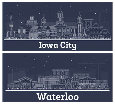 Outline Iowa City and Waterloo USA Skyline Set with White Buildings. Business Travel and Tourism Concept with Historic Architecture. Cityscape with Landmarks.の写真素材