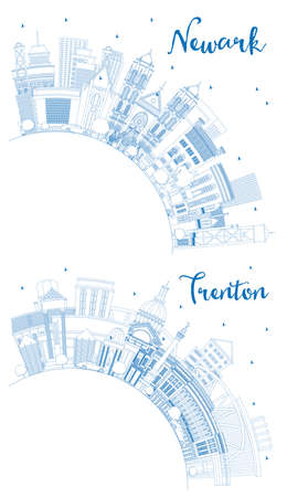 Outline Trenton and Newark New Jersey City Skyline Set with Blue Buildings and Copy Space. Cityscape with Landmarks. Travel and Tourism Concept with Modern Architecture.の写真素材