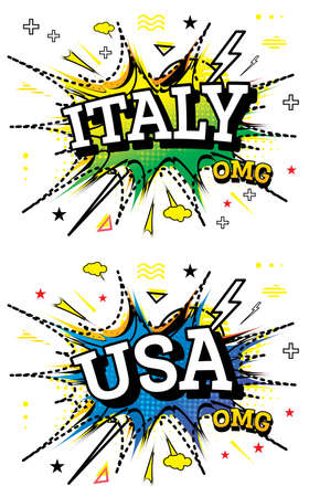USA and Italy Comic Text Set in Pop Art Style Isolated on White Background.の写真素材